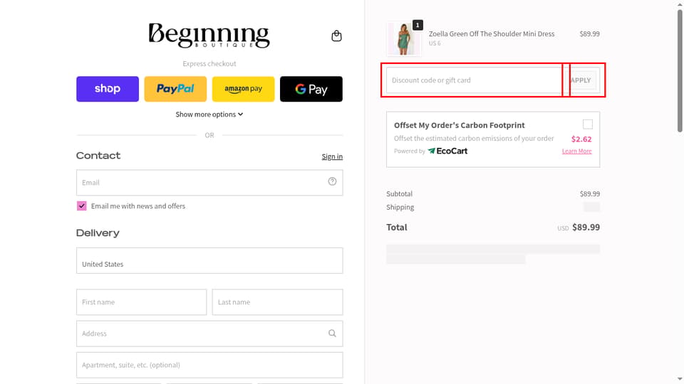 Beginning Boutique checkout page showing the Discount code or gift card field and Apply button