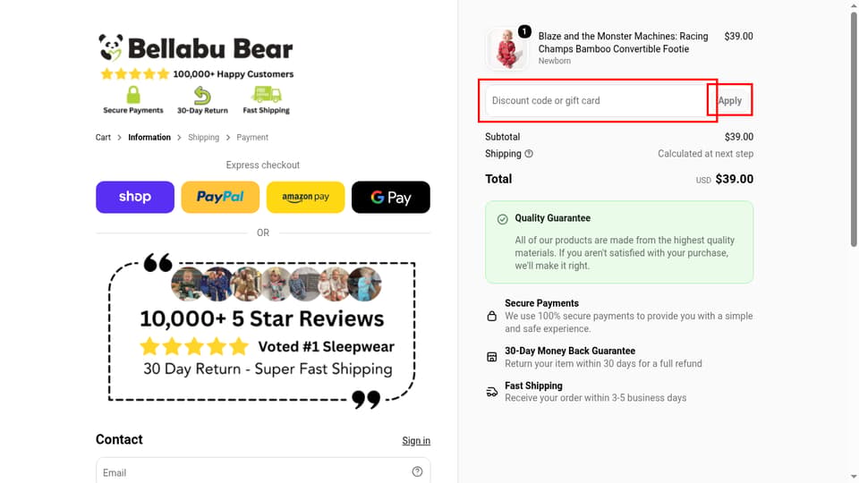Bellabu Bear checkout page showing the Discount code or gift card field and Apply button