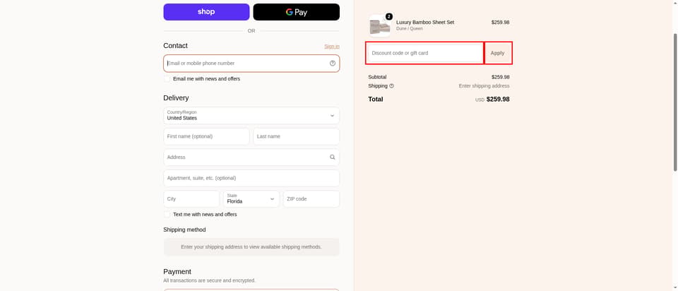Bella Coterie checkout page showing the Discount code or gift card field and Apply button