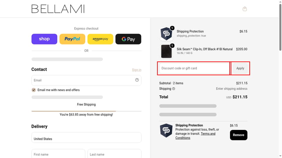 BELLAMI Hair checkout page showing the Discount code or gift card field and Apply button
