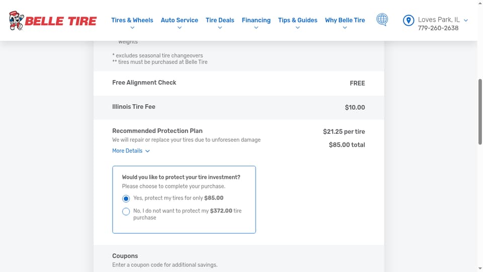 Belle Tire checkout page showing the e.g. 123456 field and Apply button