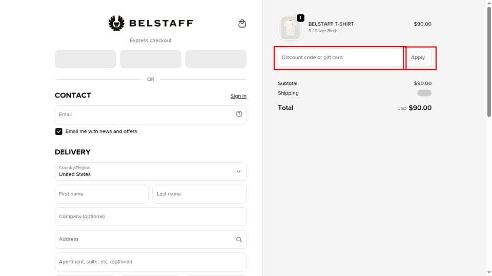 Belstaff checkout page showing the Discount code or gift card field and Apply button