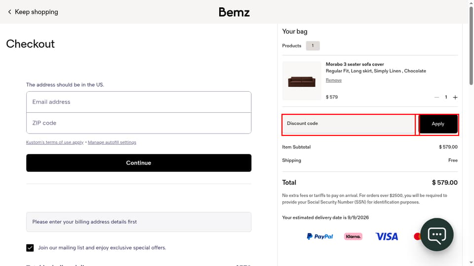 Bemz checkout page showing the Discount code field and Apply button