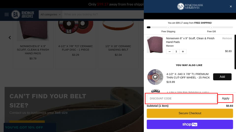 Benchmark Abrasives checkout page showing the Discount Code field and Apply button