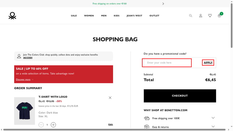 United Colors of Benetton checkout page showing the Enter your code here field and APPLY button
