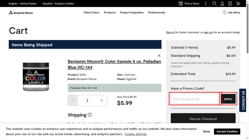 Benjamin Moore checkout page showing the Enter Promo Code field and APPLY button