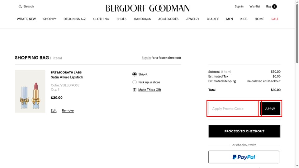 Bergdorf Goodman checkout page showing the Apply Promo Code field and APPLY button