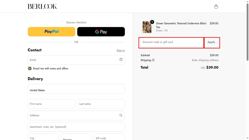 BERLOOK checkout page showing the Discount code or gift card field and Apply button