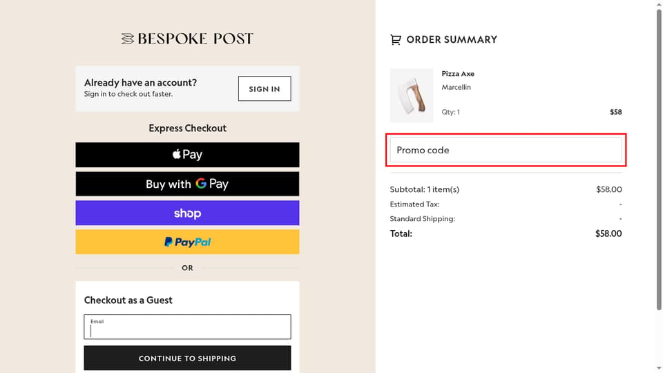 Bespoke Post checkout page showing the Promo code field and Apply button