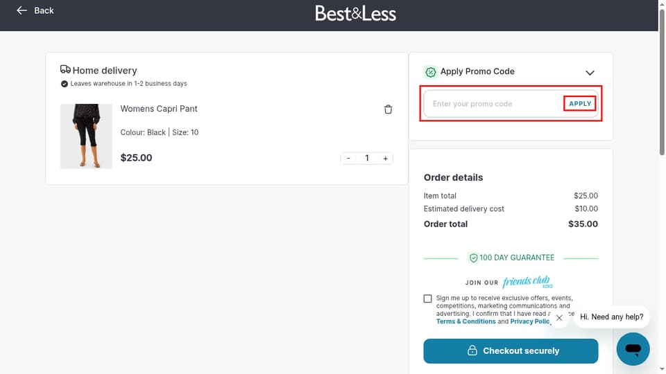 Best&Less checkout page showing the Enter your promo code field and Apply button