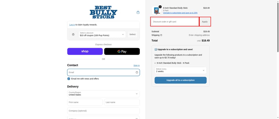Best Bully Sticks checkout page showing the Discount code or gift card field and Apply button