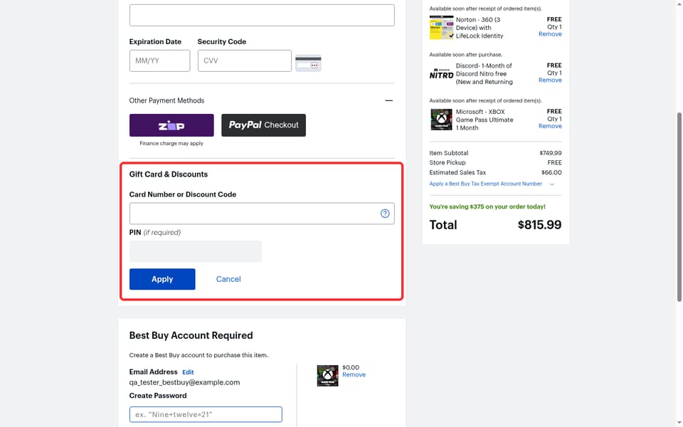 Best Buy checkout page showing the Card Number or Discount Code field and Apply button