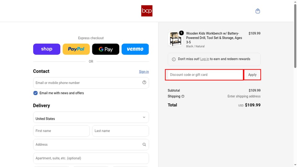 Best Choice Products checkout page showing the Discount code or gift card field and Apply button