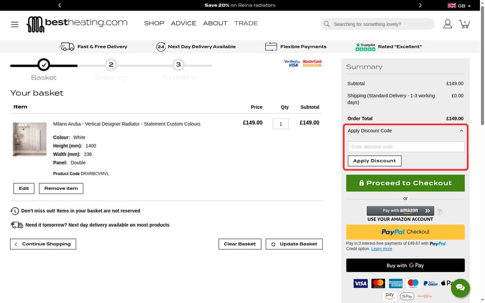 BestHeating checkout page showing the Enter discount code field and Apply Discount button