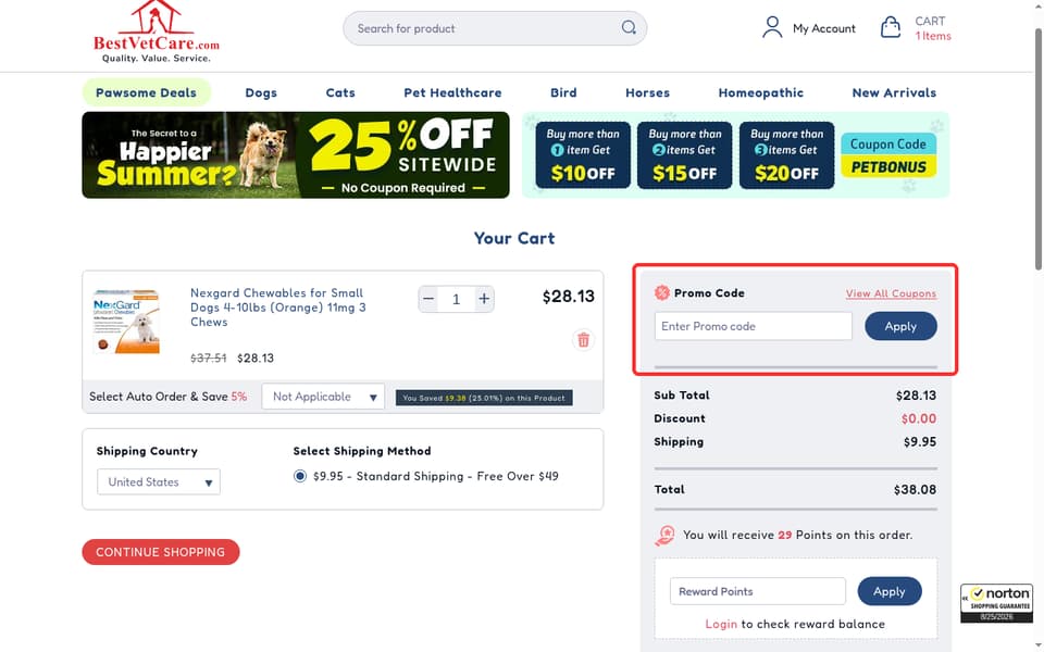 BestVetCare checkout page showing the Enter Promo code field and Apply button