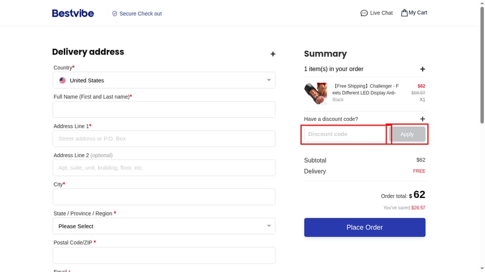 Bestvibe checkout page showing the Discount code field and Apply button