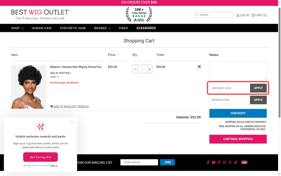 Best Wig Outlet checkout page showing the DISCOUNT CODE field and Apply button