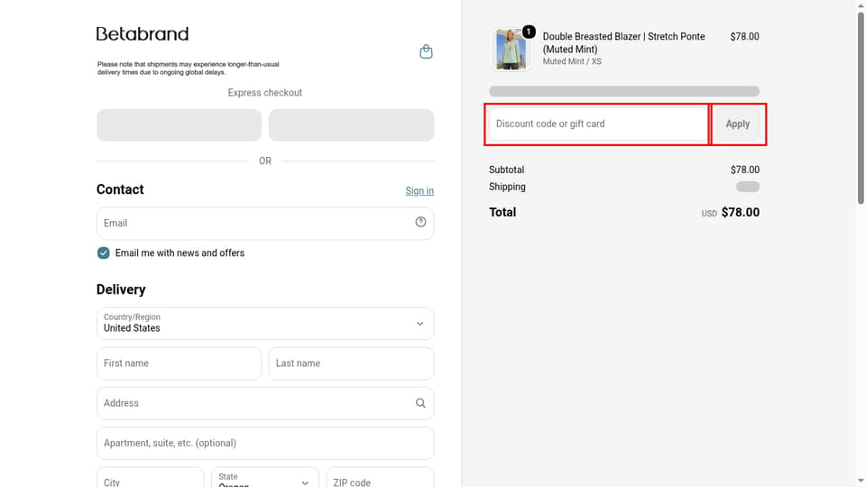 Betabrand checkout page showing the Discount code or gift card field and Apply button