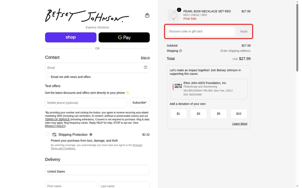 Betsey Johnson checkout page showing the Discount code or gift card field and Apply button