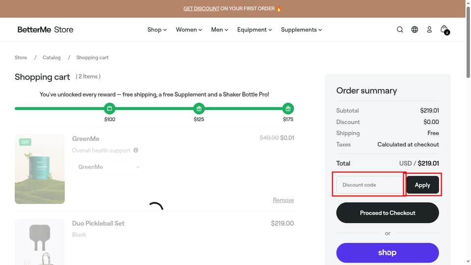 BetterMe checkout page showing the Discount code field and Apply button