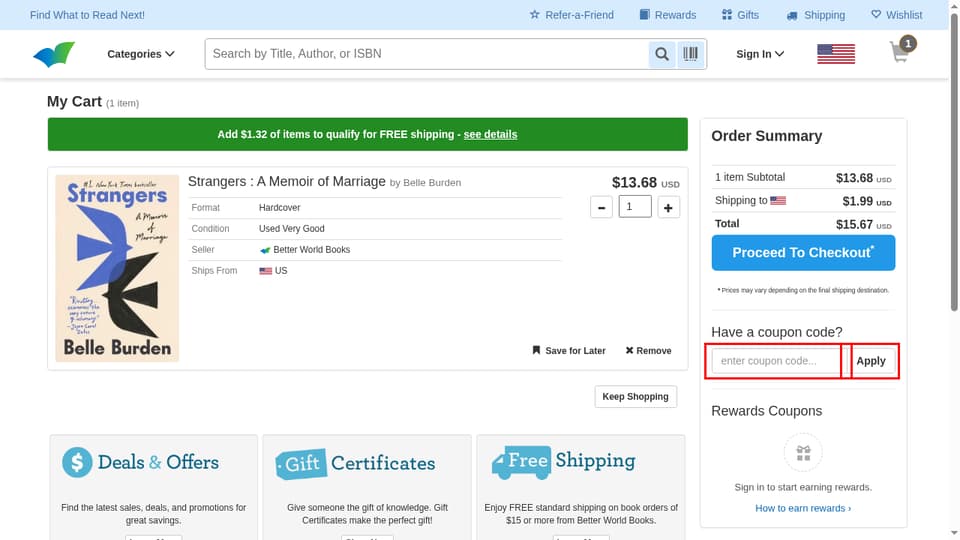 Better World Books checkout page showing the enter coupon code... field and Apply button