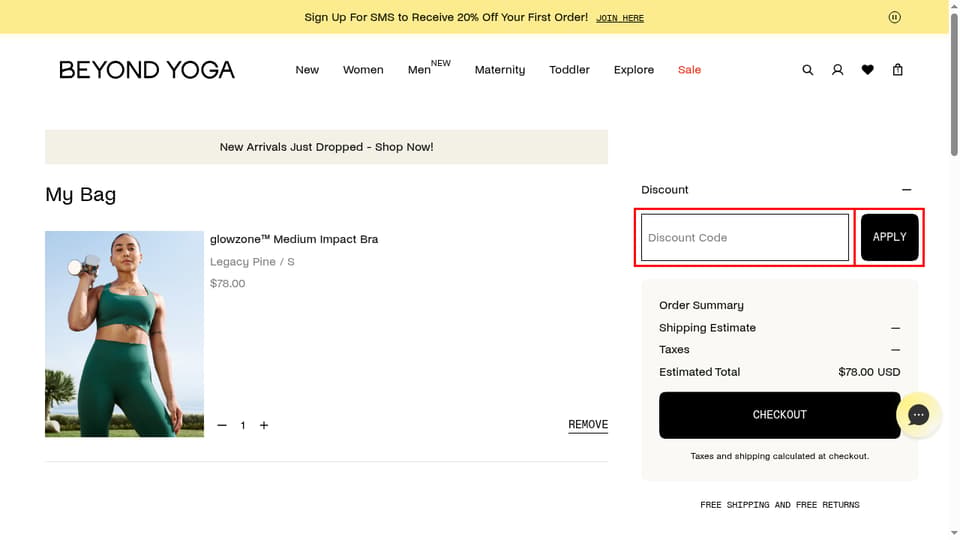 Beyond Yoga checkout page showing the Discount Code field and Apply button