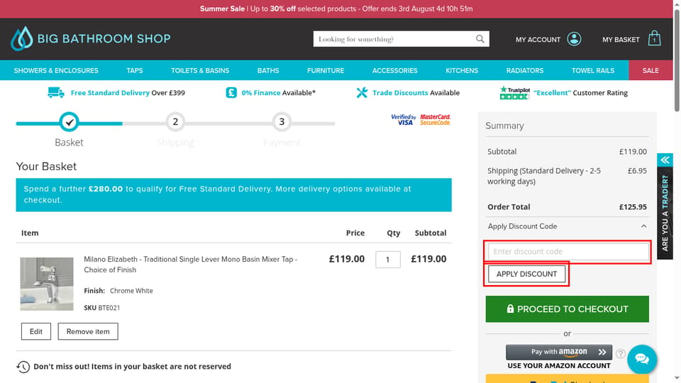 Big Bathroom Shop checkout page showing the Enter discount code field and Apply Discount button