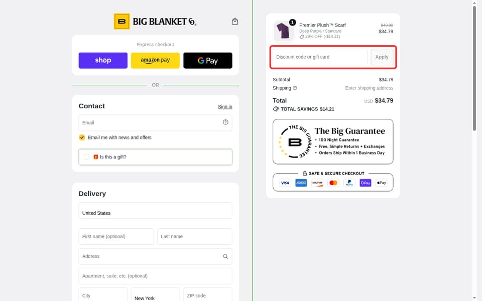 Big Blanket Co. checkout page showing the Discount code or gift card field and Apply button
