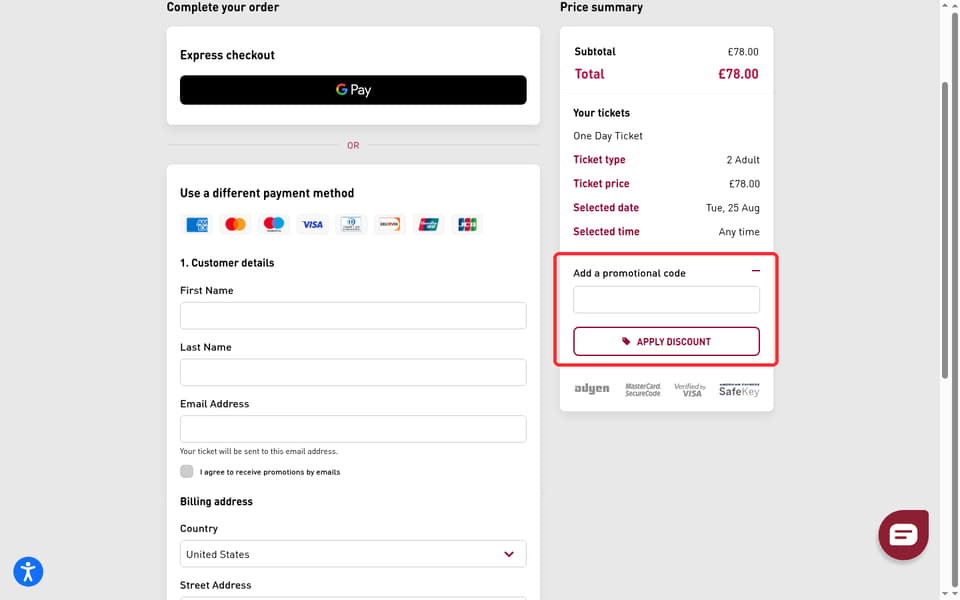 Big Bus Tours checkout page showing the Enter discount code field and APPLY DISCOUNT button