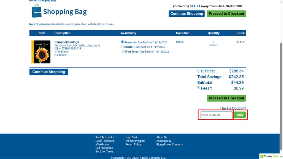 BiggerBooks checkout page showing the Enter Coupon field and Apply button