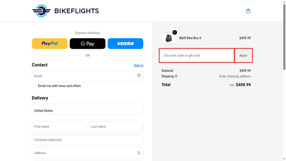 BikeFlights checkout page showing the Discount code or gift card field and Apply button