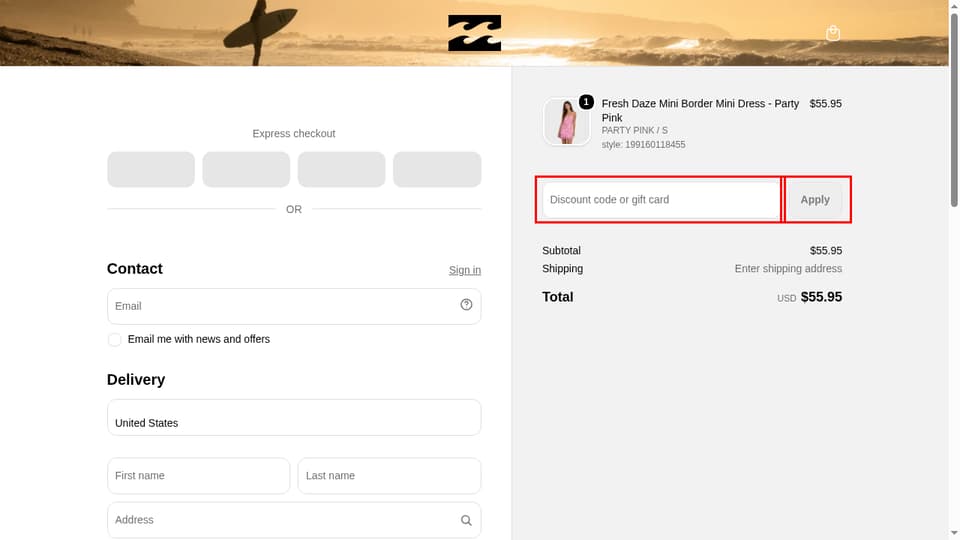 Billabong checkout page showing the Discount code or gift card field and Apply button