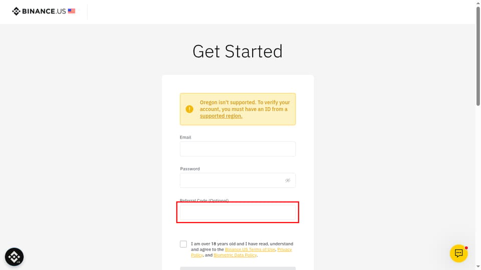 Binance checkout page showing the Referral Code (Optional) field and Apply button
