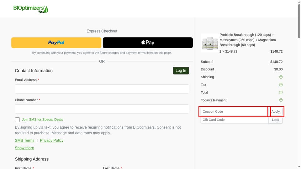 BIOptimizers checkout page showing the Coupon Code field and Apply button