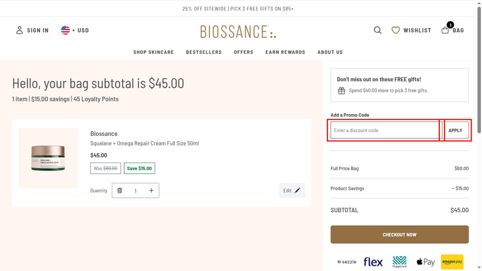 Biossance checkout page showing the Enter a discount code field and APPLY button
