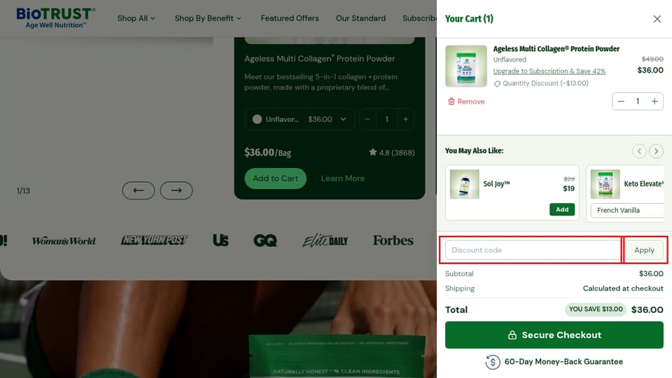 BioTRUST checkout page showing the Discount code field and Apply button