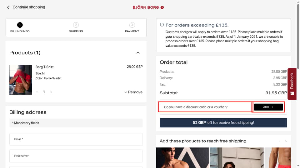 Björn Borg checkout page showing the Do you have a discount code or a voucher? field and ADD + button