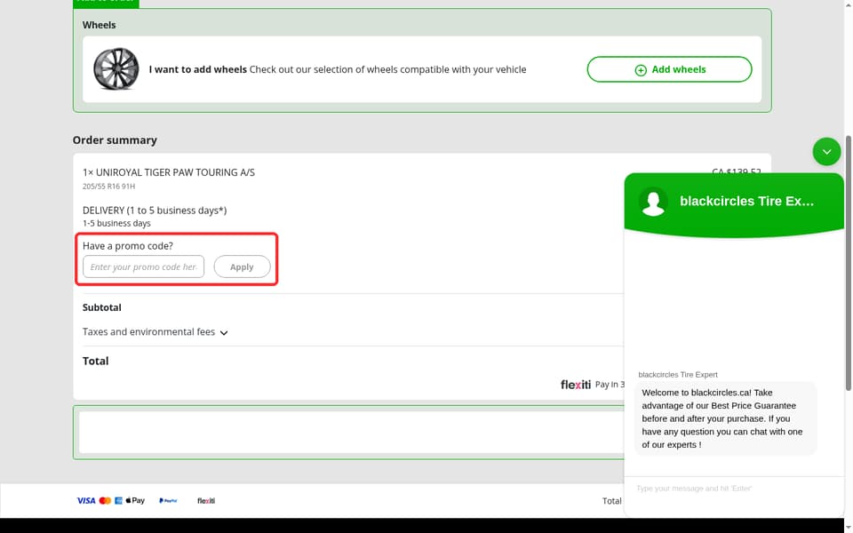 Blackcircles.ca checkout page showing the Enter your promo code here field and Apply button