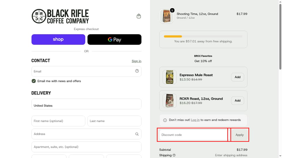 Black Rifle Coffee checkout page showing the Discount code field and Apply button