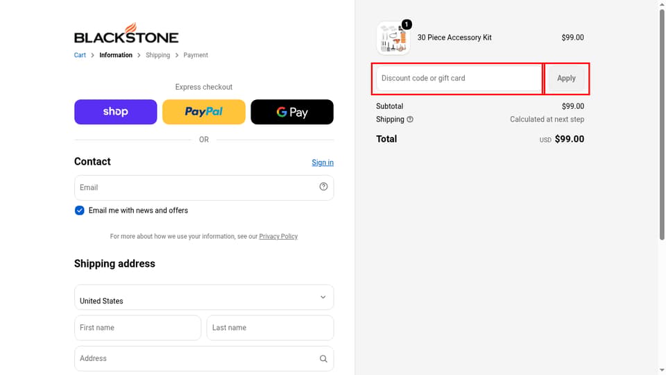 Blackstone Products checkout page showing the Discount code or gift card field and Apply button