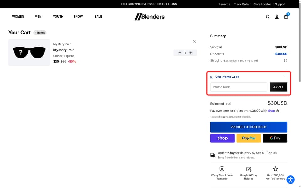 Blenders Eyewear checkout page showing the Promo Code field and Apply button