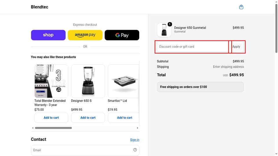 Blendtec checkout page showing the Discount code or gift card field and Apply button