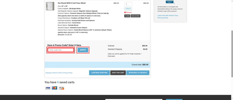 Blinds Express checkout page showing the 