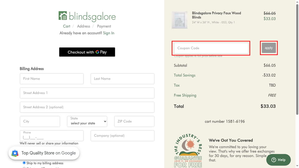Blindsgalore checkout page showing the Coupon Code field and apply button