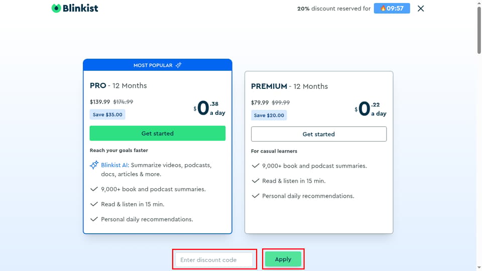 Blinkist checkout page showing the Enter discount code field and Apply button