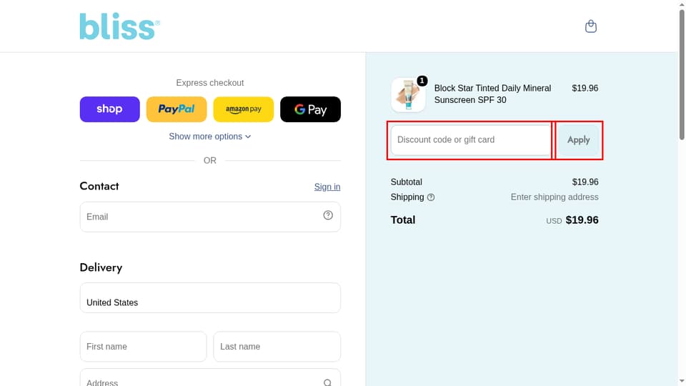 Bliss checkout page showing the Discount code or gift card field and Apply button
