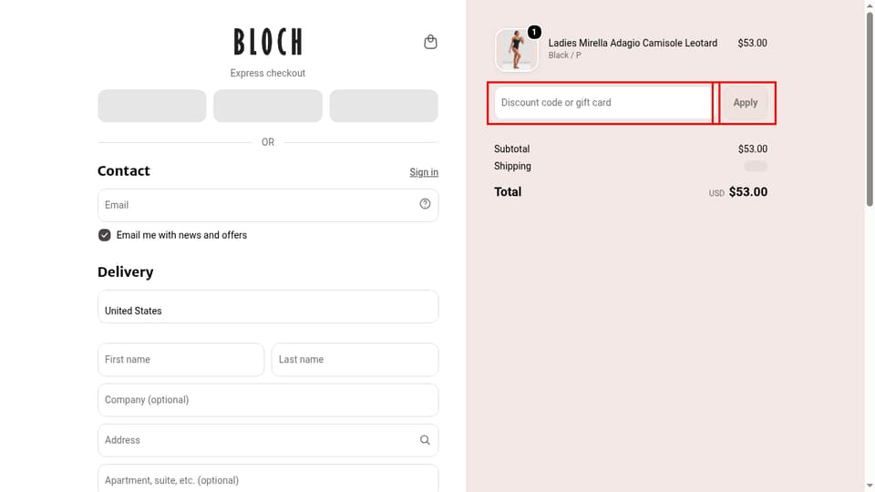BLOCH Dance US checkout page showing the Discount code or gift card field and Apply button