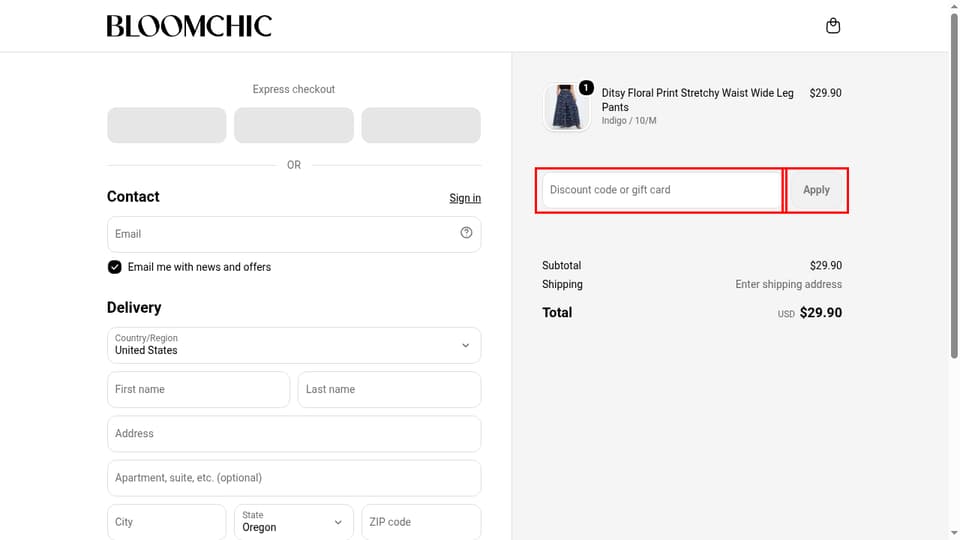 BloomChic checkout page showing the Discount code or gift card field and Apply button