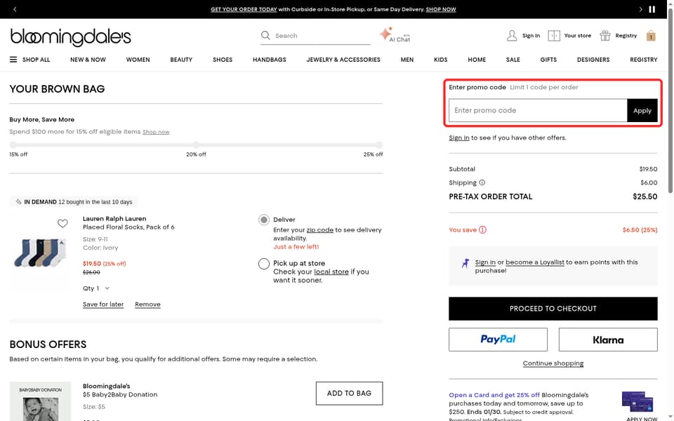 Bloomingdale's checkout page showing the Enter promo code field and Apply button