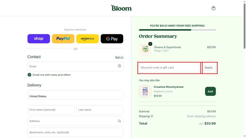 Bloom Nutrition checkout page showing the Discount code or gift card field and Apply button